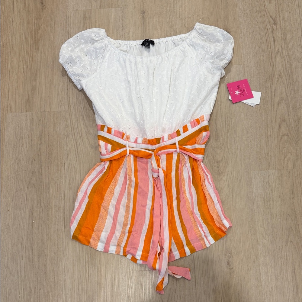 NWT IN Girl XL 16 White and Orange Striped Romper